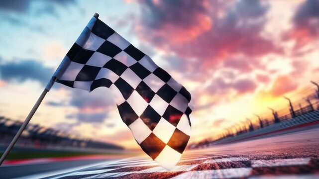 Exciting moment at the racetrack with the checkered flag waving at sunset