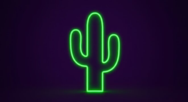 Bright green neon sign outline shaped like a tall desert succulent illuminates a dark background