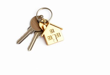 A set of house keys with a golden house-shaped keychain, isolated on a white background,   metal key,  key ring