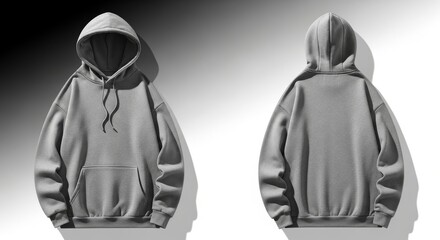 Gray Hoodie Sweatshirt Front and Back View on White Background - Blank Apparel Mockup for Design or Customization
