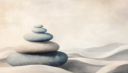 illustration of zen stone stack on rolling dunes