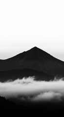 Fototapeta premium Solitary mountain peak rises above a thick layer of low-lying fog in a monochrome landscape