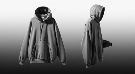 Stylish Gray Hoodie Flat Lay on Gradient Background - Front and Back View of Casual Streetwear Fashion Apparel for Men or Women