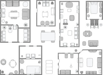 Modern architectural floor plan top view with stylish furniture layout, home interior design blueprint, professional house planning concept for architects, designers, real estate visualization