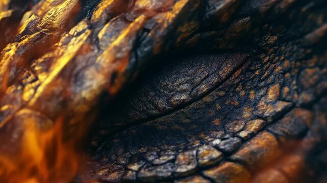 Epic dragon eye reveal at sunset with glowing flames and intense detail