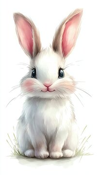 Cute white rabbit sitting on green grass.