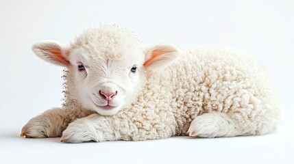 Fototapeta premium Adorable fluffy lamb resting peacefully.