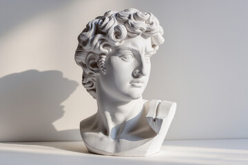 White marble bust of a man illuminated by soft daylight, showing fine details of curls and stone texture. Elegant neoclassical art concept with shadow play.
