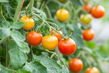 Fresh tomatoes growing on the vine in a lush garden setting during daylight hours