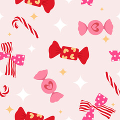 Valentines cute sweet candy with bow seamless pattern 