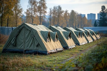 Layouts for advertising high-quality camping tents in a scenic outdoor location