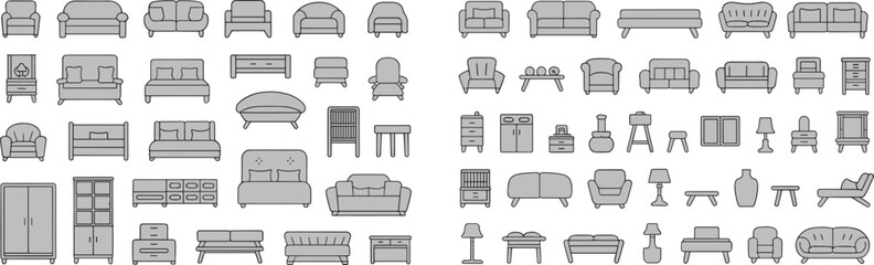 Modern furniture collection, sofa, chairs, tables, beds, cabinets, and lamps vector set, minimalist home interior symbols, architectural floor plan elements, black line illustration