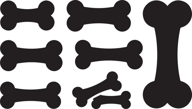 Set of Dog Bone Silhouettes in Different Sizes - Pet Treat Black Vector