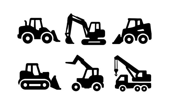 Silhouette set of construction vehicles: excavator, bulldozer, crane, and loader icons
