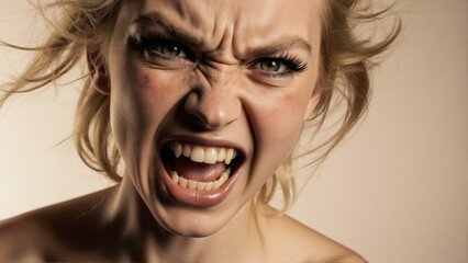 A portrait of a young woman with a feral expression. The chaotic hair strands and wind-swept look add to the sense of motion.
