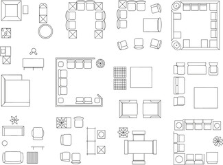 Modern furniture floor plan, minimalist interior layout, office and home design top view, architectural drawing symbols, living room and workspace furniture arrangement, CAD design elements.