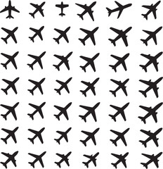 Fototapeta premium Set of 50 Unique Airplane Silhouettes on White Background — Black Aircraft Icons Collection for Aviation, Travel, and Transportation Design