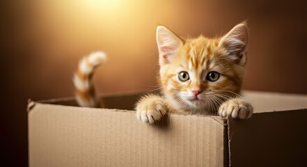 Adorable orange tabby kitten peeks curiously over the edge of a brown cardboard box