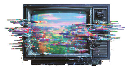 Retro television screen displaying colorful glitch art and abstract patterns