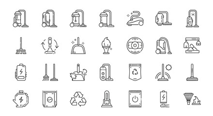 Diverse cleaning icons isolated on white background, featuring various tools and equipment for household chores and maintenance, in a minimalist line art style