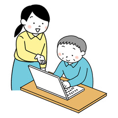 パソコンの使い方を教わる高齢男性