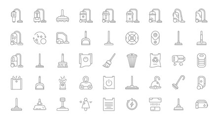 Diverse cleaning icons isolated on white background, featuring various tools and equipment for household chores and maintenance, in a minimalist line art style