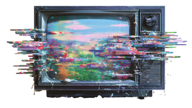 Retro television screen displaying colorful glitch art and abstract patterns