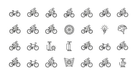 Line art illustration isolated on white background showcasing various cycling related icons, including bicycles, cyclists, and cycling accessories in a minimalist style