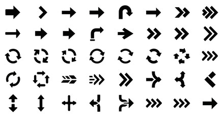 Collection of diverse arrow symbols isolated on white background, showcasing various directions, orientations, and styles for navigation, indication, and design purposes