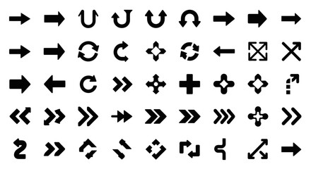 Collection of diverse arrow symbols isolated on white background, showcasing various directions, orientations, and styles for navigation, indication, and design purposes