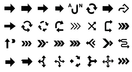 Collection of diverse arrow symbols isolated on white background, showcasing various directions, orientations, and styles for navigation, indication, and design purposes