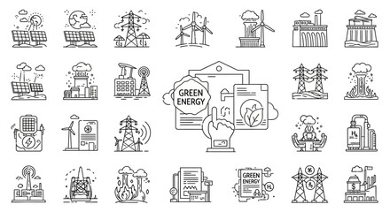 A collection of green energy icons isolated on white background showcasing various renewable energy sources and sustainable technologies for a cleaner future