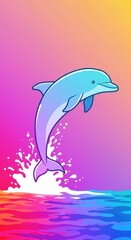 Obraz premium Cartoon depiction of a cheerful cetacean leaping from brightly colored water against a vibrant gradient background