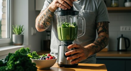 Man blending green smoothie with fresh vegetables and berries in sunlit kitchen