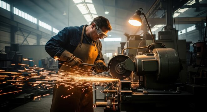 Industrial worker grinding metal with sparks in a factory setting