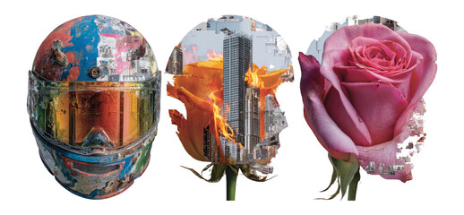 Unique Artistic Collage of Helmet, Flower, and Cityscape with Flames