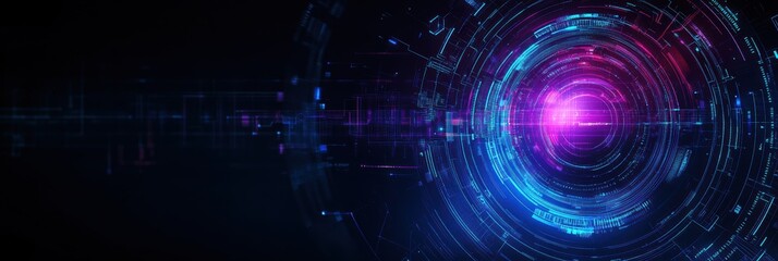Obraz premium Digital tech circle in blue and purple glowing against dark background