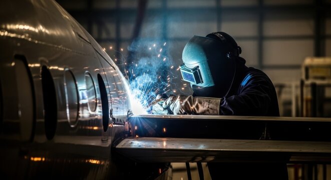 Skilled welder performing precision welding on aircraft metal in industrial hangar setting