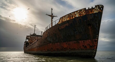 Rusty shipwreck at sea in dramatic sunset with stormy clouds and seagulls