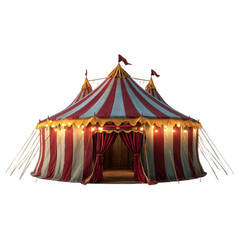 Vibrant striped circus tent illuminated with warm lights captivating evening ambiance