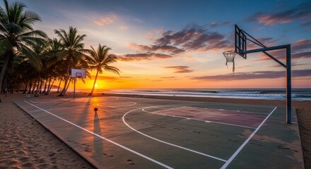 Sunset basketball court on tropical beach with palm trees and ocean waves