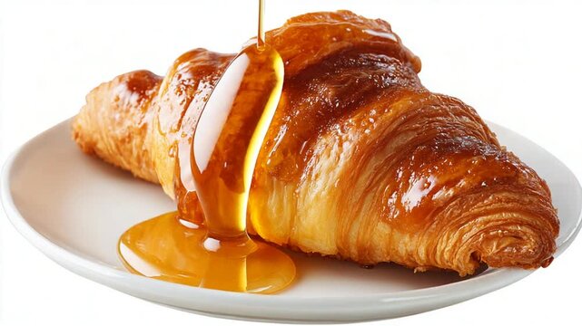 Close up of golden honey being poured over a flaky freshly baked croissant on a white plate