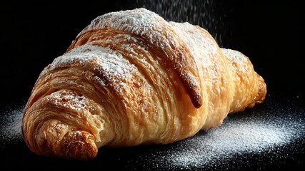 Close up of a golden croissant dusted with powdered sugar set against a black backdrop - Powered by Adobe