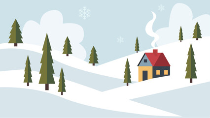 Naklejka premium Cozy winter landscape illustration depicting a charming secluded house nestled among snow-covered evergreen trees under a gentle snowfall, creating a serene and peaceful seasonal scene