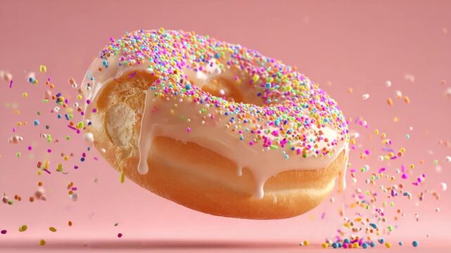 Close up of a sweet glazed donut with colorful sprinkles against a vibrant pink backdrop