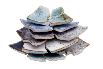 Stack of broken ceramic shards with blue and white glaze