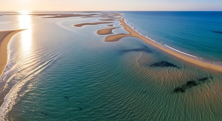 Aerial drone view of a magnificent sandbar extending into the calm turquoise ocean during a beautiful golden sunrise