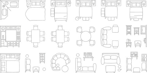 Modern furniture top view vector set, bedroom and living room layout elements, minimalist home interior plan, sofa, bed, table, chair, cabinet, and decor design illustration
