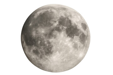 Full moon with clear visible craters and maria, astronomical object in space on a transparent background