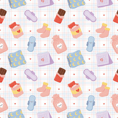 Feminine Hygiene Seamless Pattern, Menstrual Cups Tampons Uterus Cycle Tracking Illustration Background